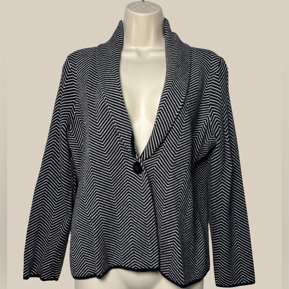 Jones New York Collection Black White Chevron Shawl Collar Cardigan Sweater SZ L